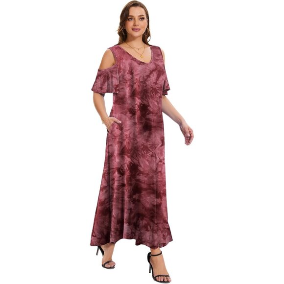 Plus Size Summer Dress Women V-Neck Short Sleeve Pockets Beach Maxi - Picture 3 of 6